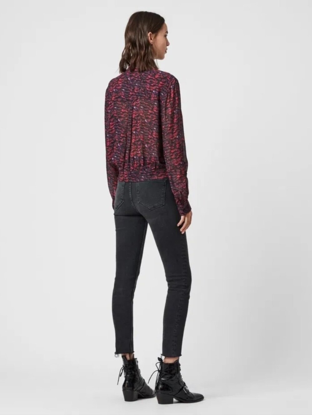 All Saints Adeliza Plume Blouse Jewel Tone Semi Sheer Feather Printed Sz Medium - Picture 2 of 16